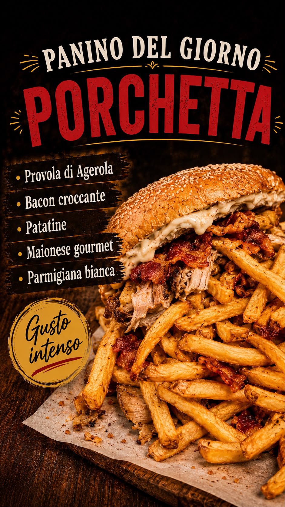 Panino del giorno — Porchetta, provola di Agerola, bacon, parmigiana bianca