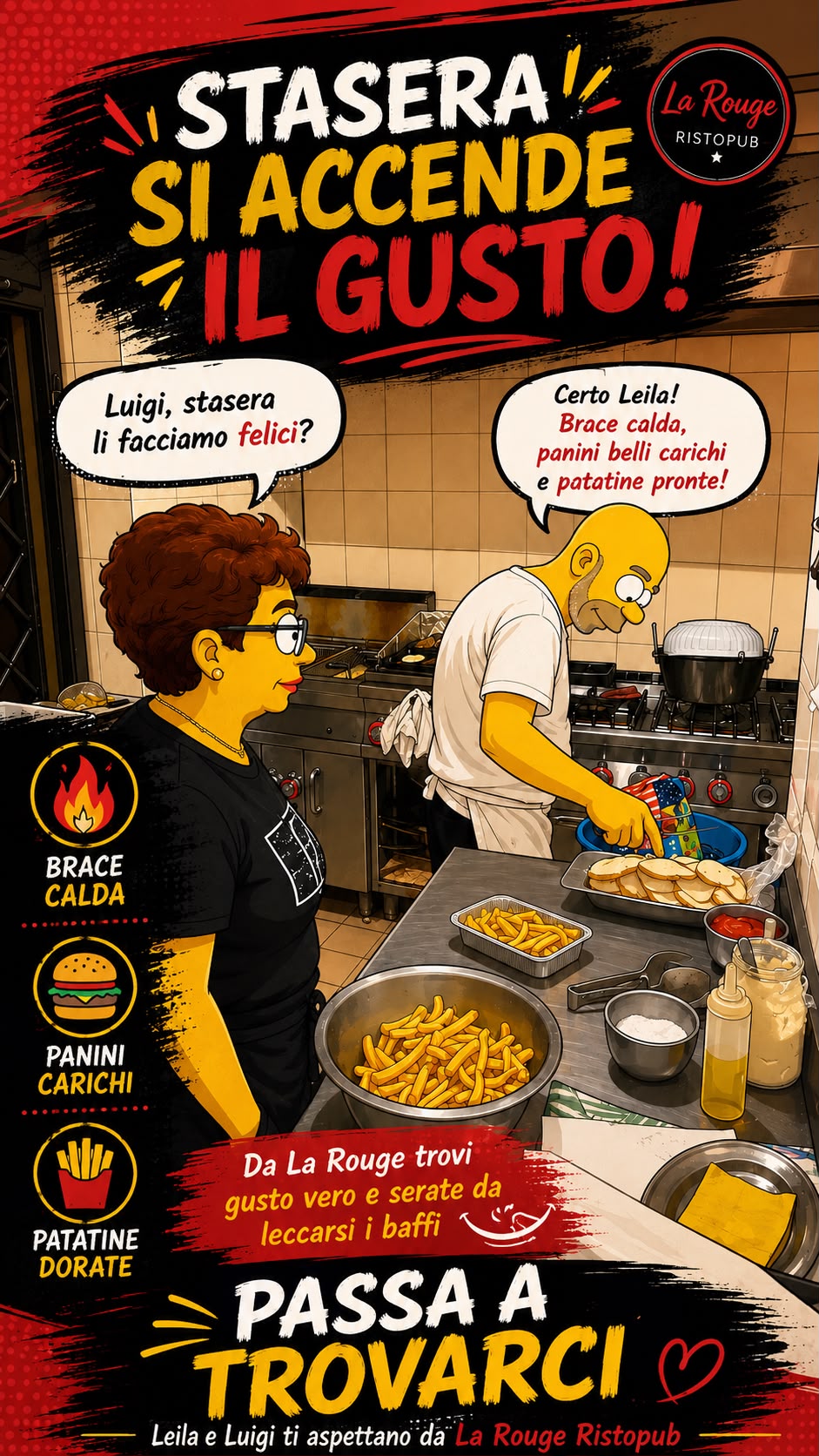 Stasera si accende il gusto — brace calda, panini carichi, patatine dorate